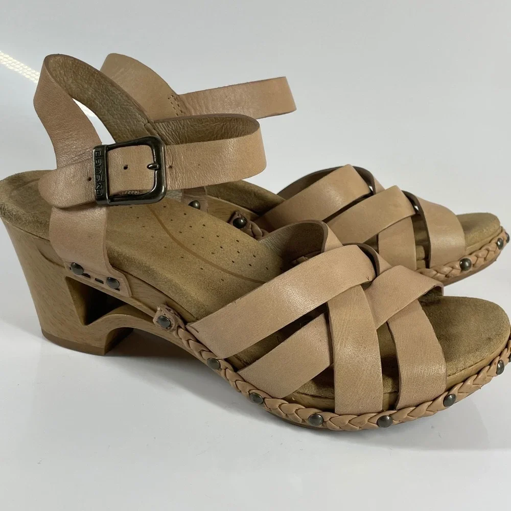 Dansko Sissy Tan Leather Strappy Clog Sandals Wood Heel Studded Women 36 5.5-6 - Picture 15 of 16